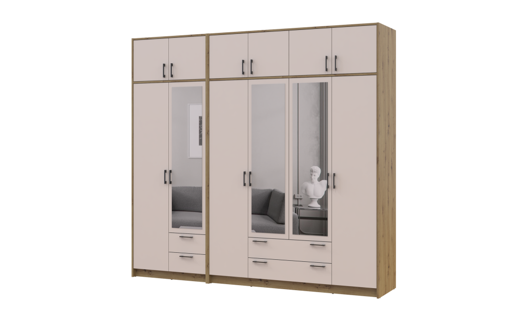 Kleiderschrank mit Spiegel und Aufsatz Doros Rondi Artisan Eiche/Kaschmir 2+4 Türen 242x52x236 (42005669)