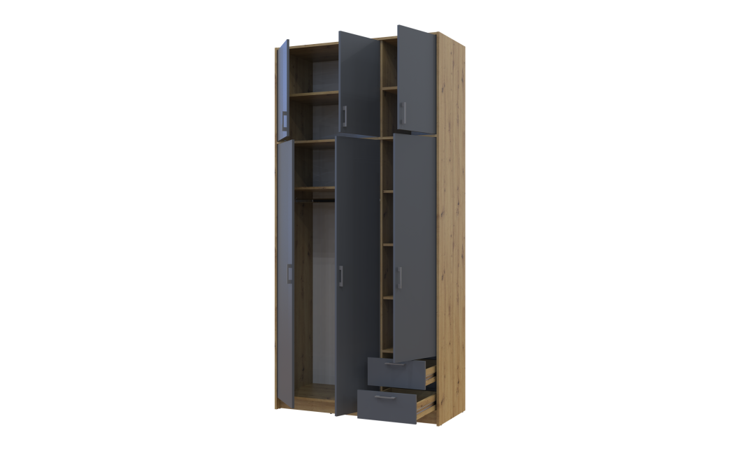 Kleiderschrank Doros Rondi mit Drehtüren mit Oberschrank Artisan Eiche / Graphitgrau 3 Türen 121x52x260 (42005187)
