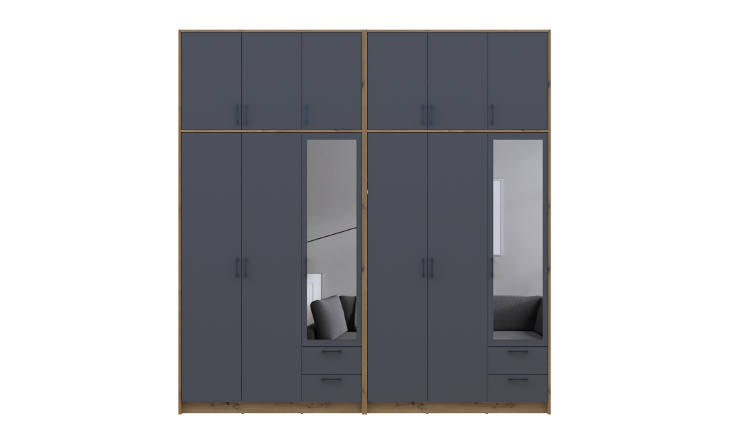 Kleiderschrank mit Spiegel und hohem Aufsatz Doros Rondi Artisan Eiche/Graphit 3+3 Türen 242x52x260 (42005719)