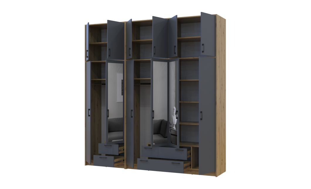 Kleiderschrank mit Spiegel und hohem Aufsatz Doros Rondi Artisan Eiche/Graphit 2+4 Türen 242x52x260 (42005717)