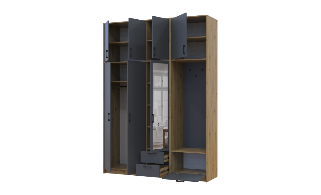 Kleiderschrank Doros Rondi mit Kleiderstange, Spiegel und hohem Oberschrank Artisan Eiche/Graphitgrau 3 Türen 181x52x260 (42005291)
