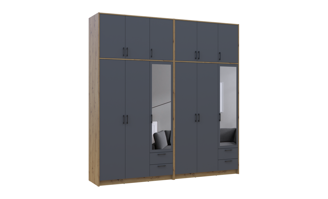 Kleiderschrank mit Spiegel und hohem Aufsatz Doros Rondi Artisan Eiche/Graphit 3+3 Türen 242x52x260 (42005719)