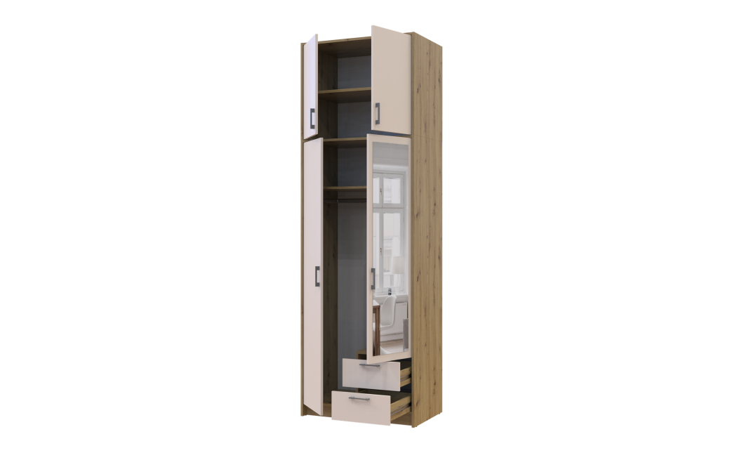 Kleiderschrank Doros Rondi mit Drehtüren mit Oberschrank und Spiegel Artisan Eiche / Kaschmir 2 Türen 82x52x260 (42005195)