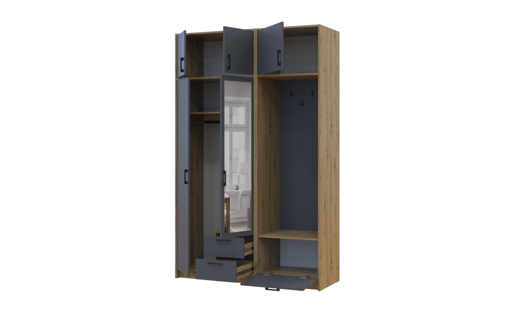 Drehtürenschrank Doros Rondi mit Kleiderstange, Spiegel und Oberschrank Artisan Eiche/Graphitgrau 2 Türen 142x52x236 (42005275)