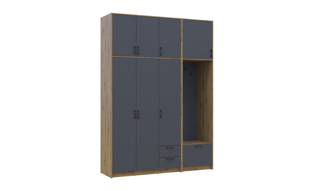 Drehtürenschrank Doros Rondi mit Kleiderstange und hohem Oberschrank Artisan Eiche/Graphitgrau 3 Türen 181x52x260 (42005289)