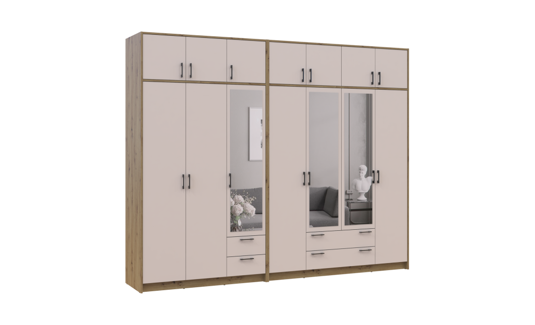 Kleiderschrank mit Spiegel und Aufsatz Doros Rondi Artisan Eiche/Kaschmir 3+4 Türen 281x52x236 (42005673)