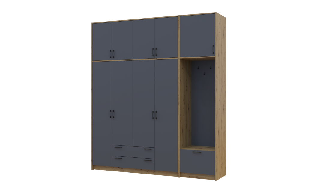 Drehtürenschrank Doros Rondi mit Kleiderstange und hohem Oberschrank Artisan Eiche/Graphitgrau 4 Türen 220x52x260 (42005301)