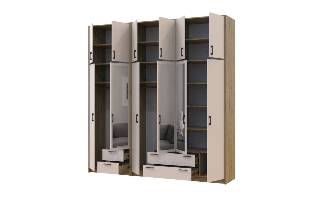 Kleiderschrank mit Spiegel und hohem Aufsatz Doros Rondi Artisan Eiche/Kaschmir 2+4 Türen 242x52x260 (42005681)