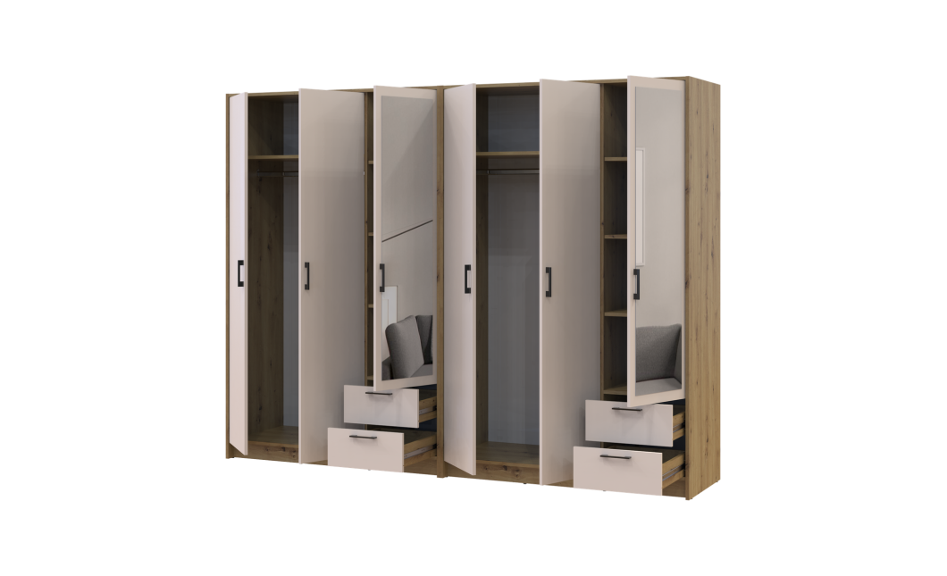 Kleiderschrank mit Spiegel Doros Rondi Artisan Eiche/Kaschmir 3+3 Türen 242x52x195 (42005659)