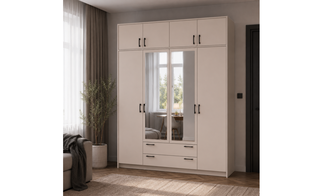 Kleiderschrank Doros Rondi mit Drehtüren mit Oberschrank und Spiegel Kaschmir 4 Türen 160x52x236 (80738480)