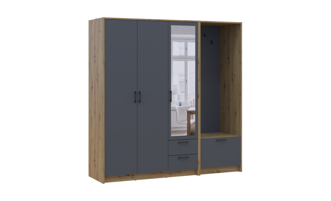 Kleiderschrank Doros Rondi mit Kleiderstange und Spiegel Artisan Eiche/Graphitgrau 3 Türen 181x52x195 (42005283)