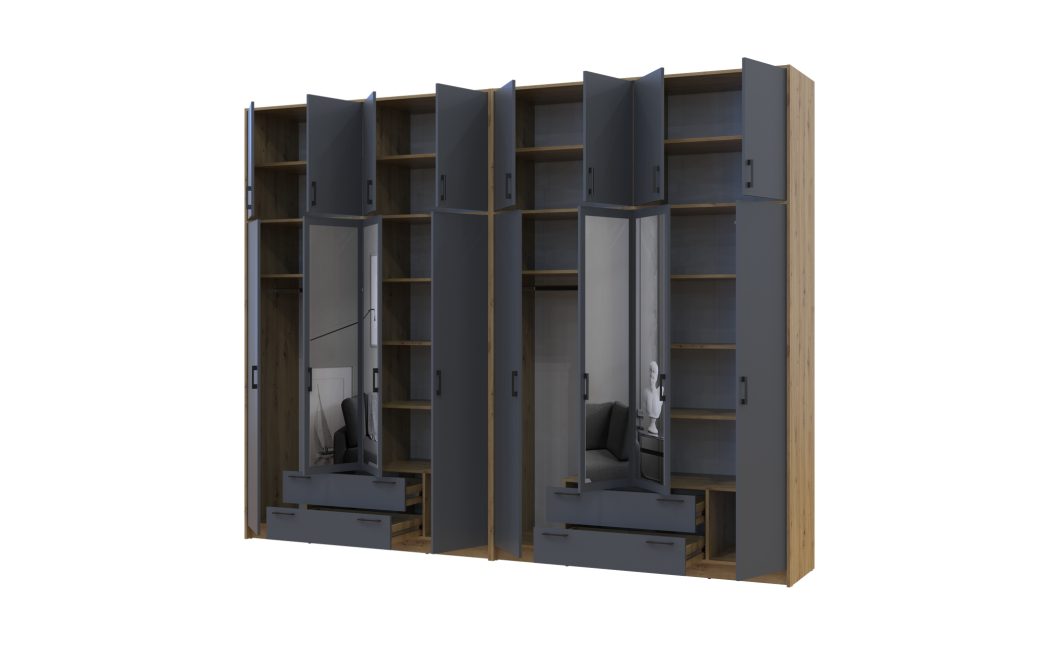 Kleiderschrank mit Spiegel und hohem Aufsatz Doros Rondi Artisan Eiche/Graphit 4+4 Türen 320x52x260 (42005723)