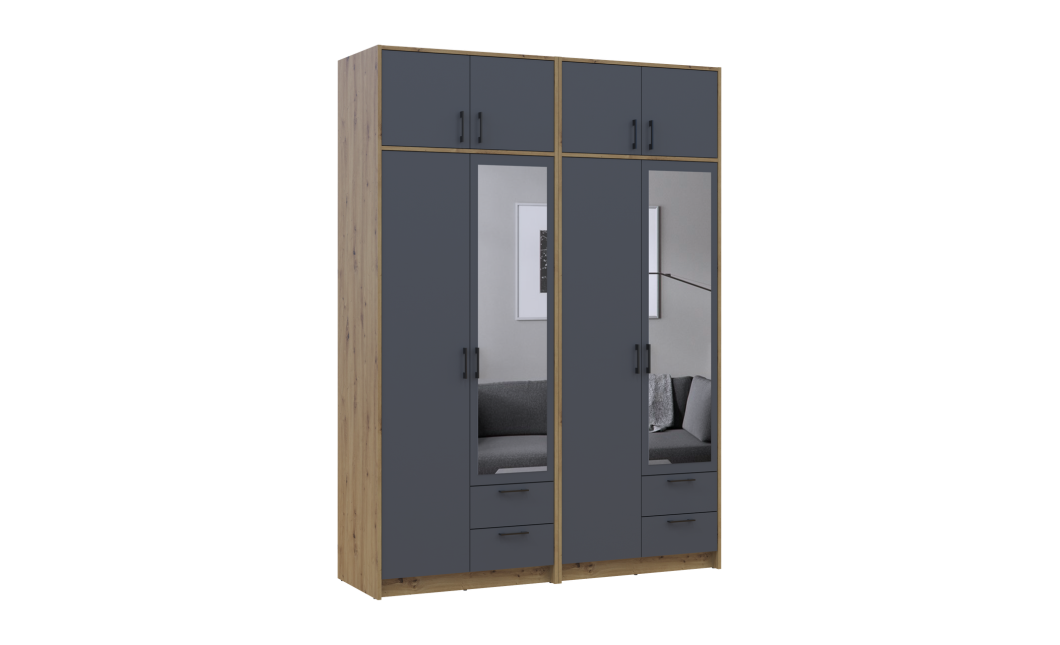 Kleiderschrank mit Spiegel und Aufsatz Doros Rondi Artisan Eiche/Graphit 2+2 Türen 164x52x236 (42005701)