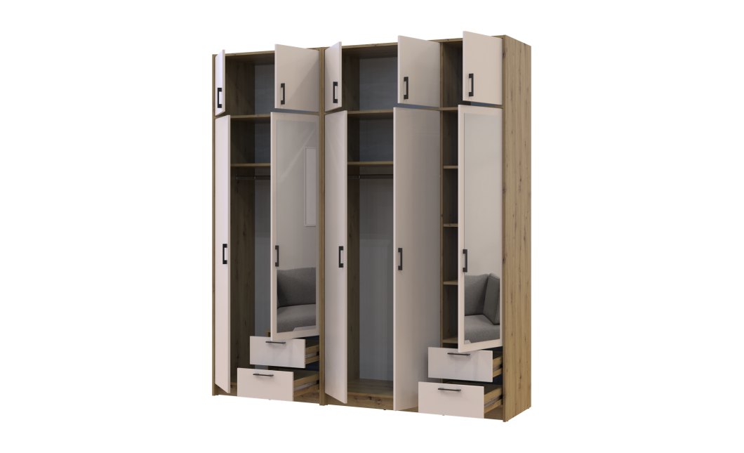 Kleiderschrank mit Spiegel und Aufsatz Doros Rondi Artisan Eiche/Kaschmir 2+3 Türen 203x52x236 (42005667)