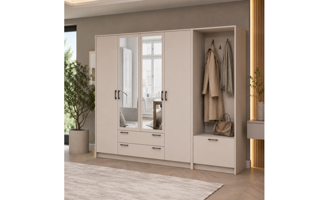 Drehtürenschrank Doros Rondi mit Kleiderstange und Spiegel Kaschmir 4 Türen 220x52x195 (42005402)