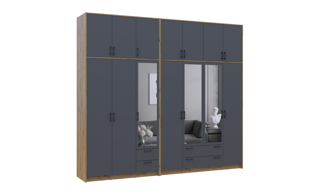 Kleiderschrank mit Spiegel und hohem Aufsatz Doros Rondi Artisan Eiche/Graphit 3+4 Türen 281x52x260 (42005721)