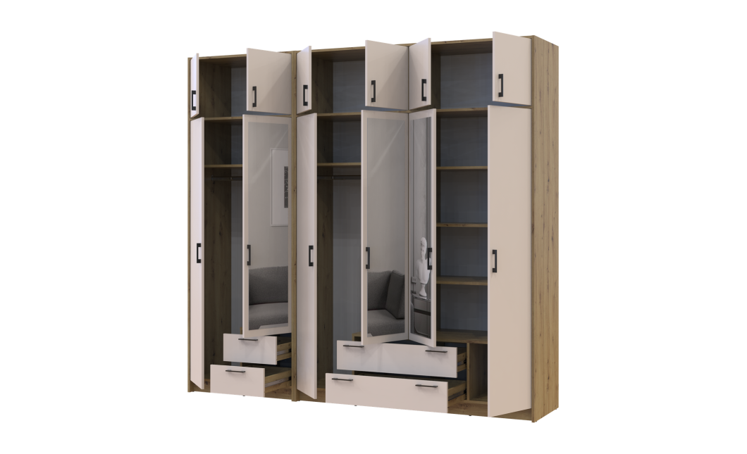 Kleiderschrank mit Spiegel und Aufsatz Doros Rondi Artisan Eiche/Kaschmir 2+4 Türen 242x52x236 (42005669)