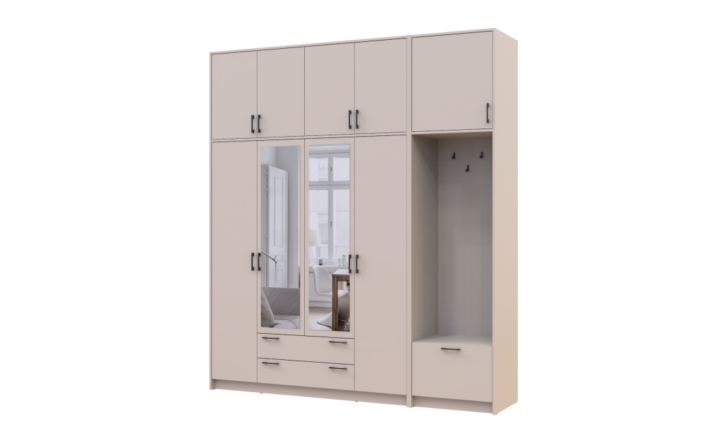 Kleiderschrank Doros Rondi mit Kleiderstange, Spiegel und hohem Oberschrank Kaschmir 4 Türen 220x52x260 (42005408)