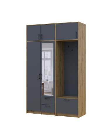 Drehtürenschrank Doros Rondi mit Kleiderstange, Spiegel und Oberschrank Artisan Eiche/Graphitgrau 2 Türen 142x52x236 (42005275)