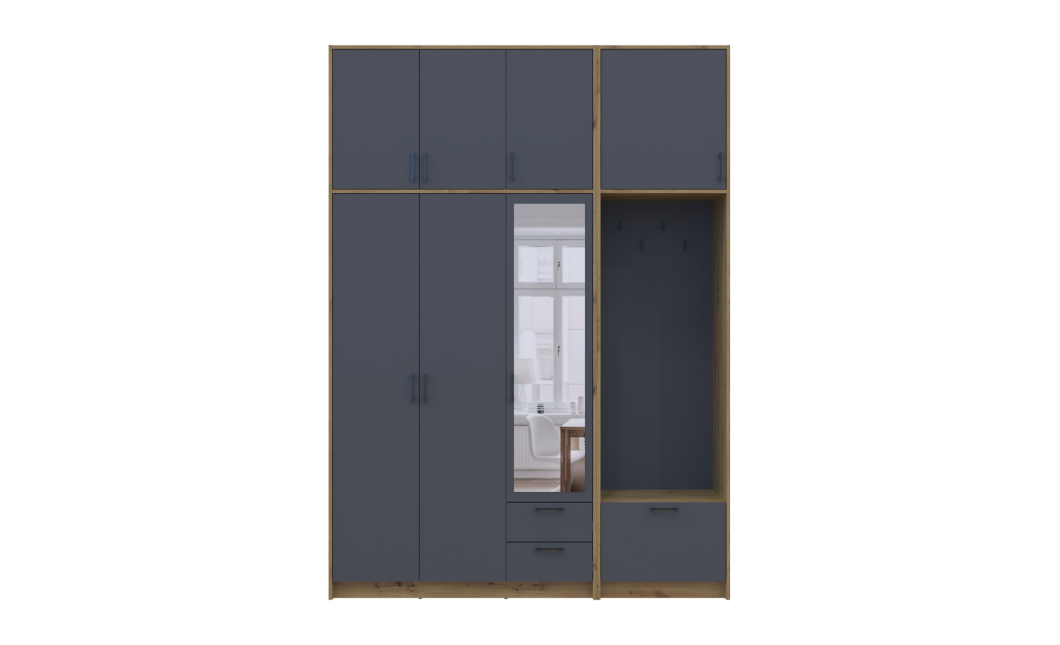 Kleiderschrank Doros Rondi mit Kleiderstange, Spiegel und hohem Oberschrank Artisan Eiche/Graphitgrau 3 Türen 181x52x260 (42005291)