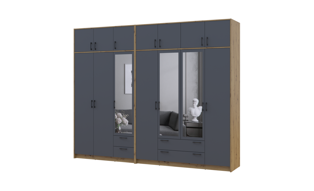 Kleiderschrank mit Spiegel und Aufsatz Doros Rondi Artisan Eiche/Graphit 3+4 Türen 281x52x236 (42005709)