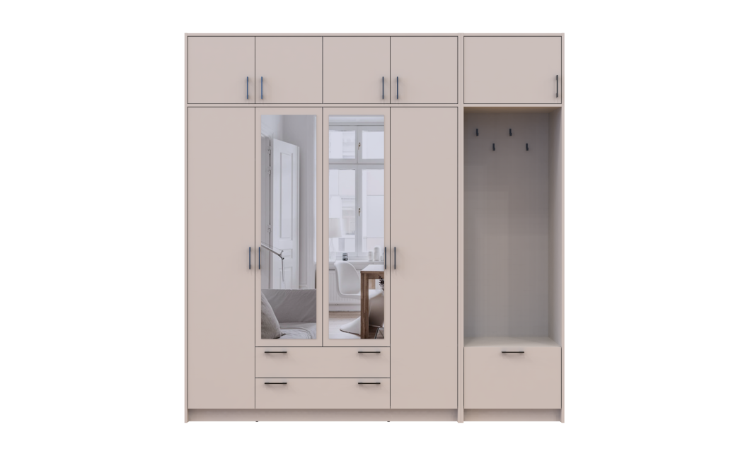 Kleiderschrank Doros Rondi mit Kleiderstange, Spiegel und Oberschrank Kaschmir 4 Türen 220x52x236 (42005405)