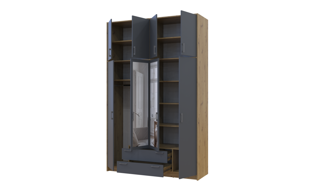 Kleiderschrank Doros Rondi mit Drehtüren mit Oberschrank und Spiegel Artisan Eiche / Graphitgrau 4 Türen 160x52x260 (42005191)
