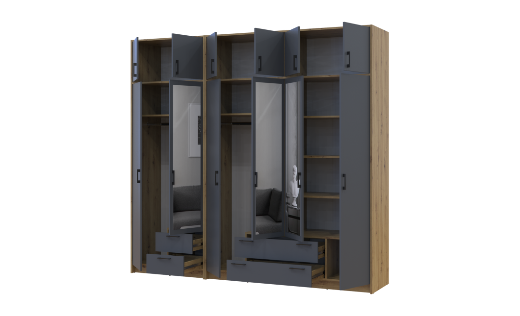 Kleiderschrank mit Spiegel und Aufsatz Doros Rondi Artisan Eiche/Graphit 2+4 Türen 242x52x236 (42005705)