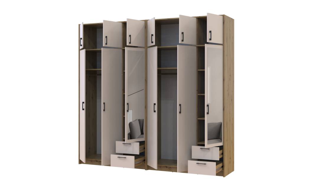 Kleiderschrank mit Spiegel und Aufsatz Doros Rondi Artisan Eiche/Kaschmir 3+3 Türen 242x52x236 (42005671)