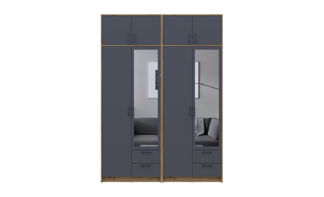 Kleiderschrank mit Spiegel und Aufsatz Doros Rondi Artisan Eiche/Graphit 2+2 Türen 164x52x236 (42005701)