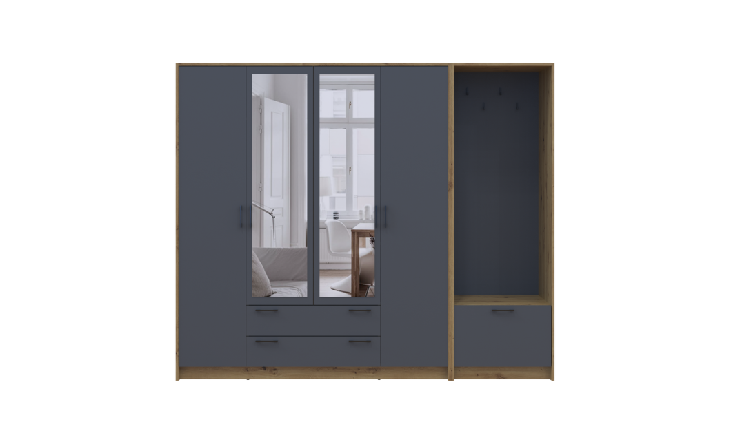 Drehtürenschrank Doros Rondi mit Kleiderstange und Spiegel Artisan Eiche/Graphitgrau 4 Türen 220x52x195 (42005295)