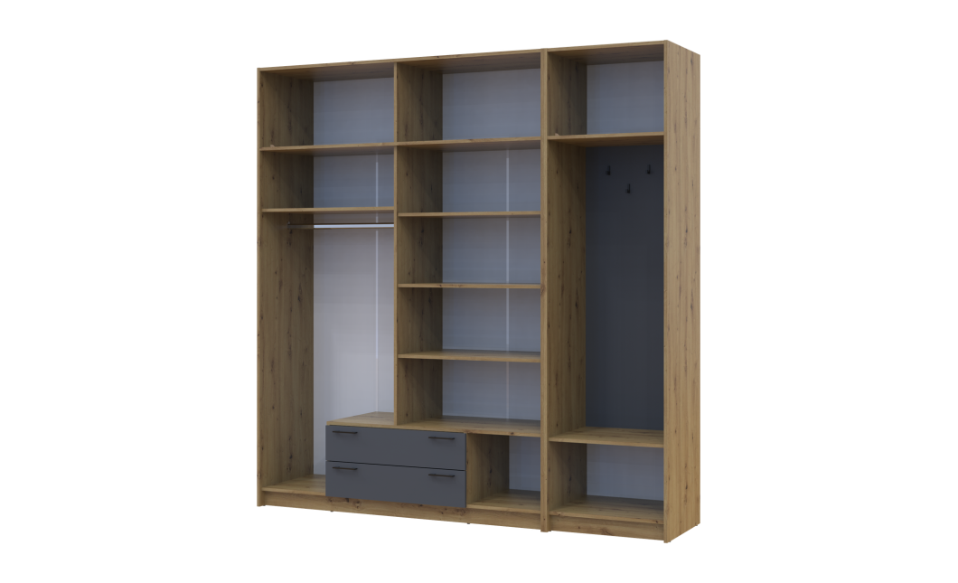 Drehtürenschrank Doros Rondi mit Kleiderstange, Spiegel und Oberschrank Artisan Eiche/Graphitgrau 4 Türen 220x52x236 (42005299)