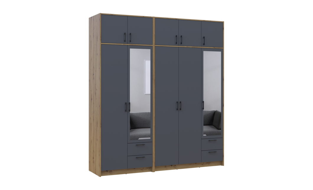 Kleiderschrank mit Spiegel und Aufsatz Doros Rondi Artisan Eiche/Graphit 2+3 Türen 203x52x236 (42005703)