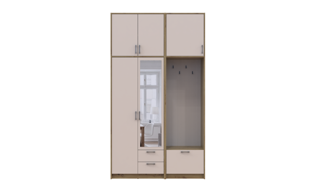 Kleiderschrank Doros Rondi mit Kleiderstange, Spiegel und hohem Oberschrank Artisan Eiche/Kaschmir 2 Türen 142x52x260 (42005278)