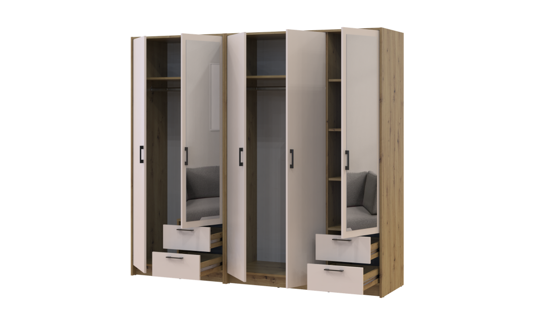 Kleiderschrank mit Spiegel Doros Rondi Artisan Eiche/Kaschmir 2+3 Türen 203x52x195 (42005655)