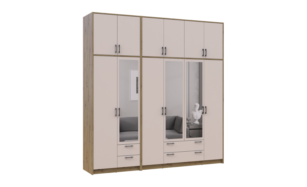 Kleiderschrank mit Spiegel und hohem Aufsatz Doros Rondi Artisan Eiche/Kaschmir 2+4 Türen 242x52x260 (42005681)