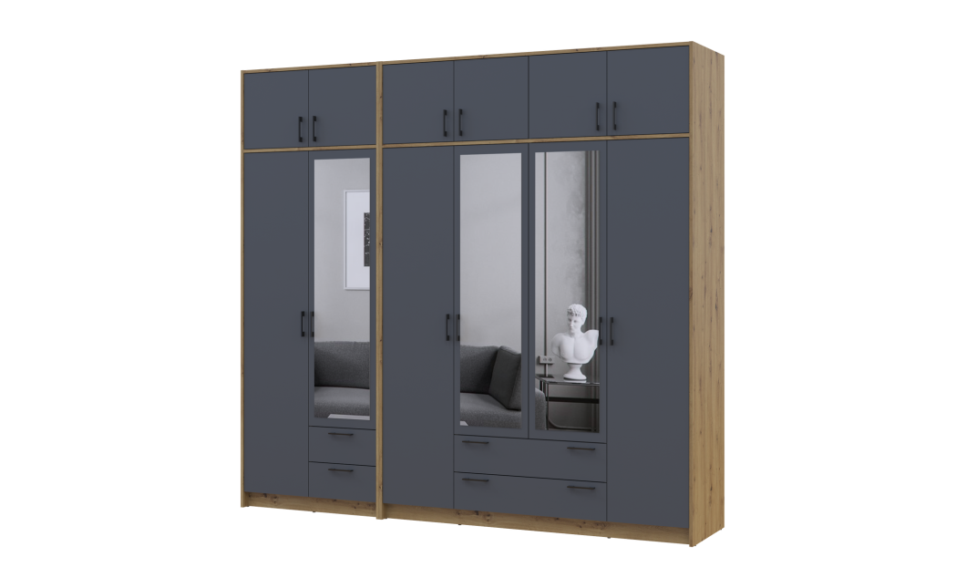 Kleiderschrank mit Spiegel und Aufsatz Doros Rondi Artisan Eiche/Graphit 2+4 Türen 242x52x236 (42005705)