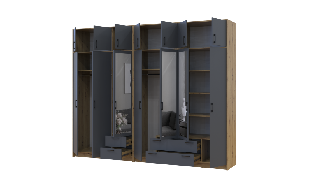 Kleiderschrank mit Spiegel und Aufsatz Doros Rondi Artisan Eiche/Graphit 3+4 Türen 281x52x236 (42005709)