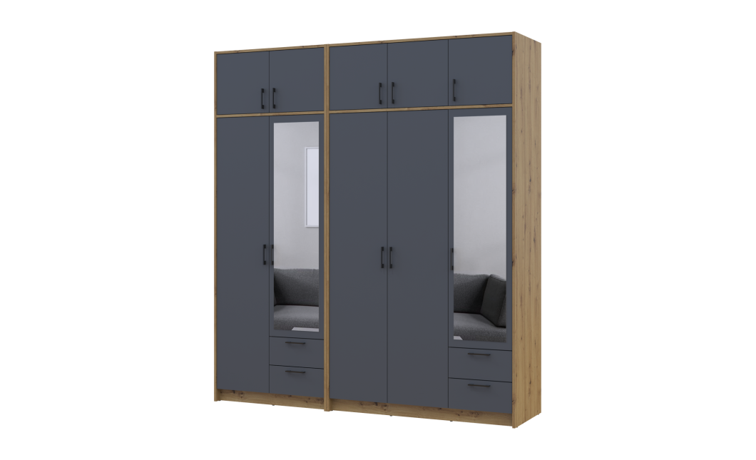 Kleiderschrank mit Spiegel und Aufsatz Doros Rondi Artisan Eiche/Graphit 2+3 Türen 203x52x236 (42005703)