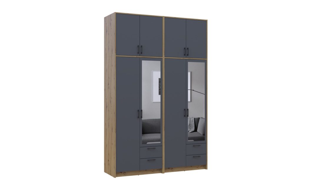 Kleiderschrank mit Spiegel und hohem Aufsatz Doros Rondi Artisan Eiche/Graphit 2+2 Türen 164x52x260 (42005713)