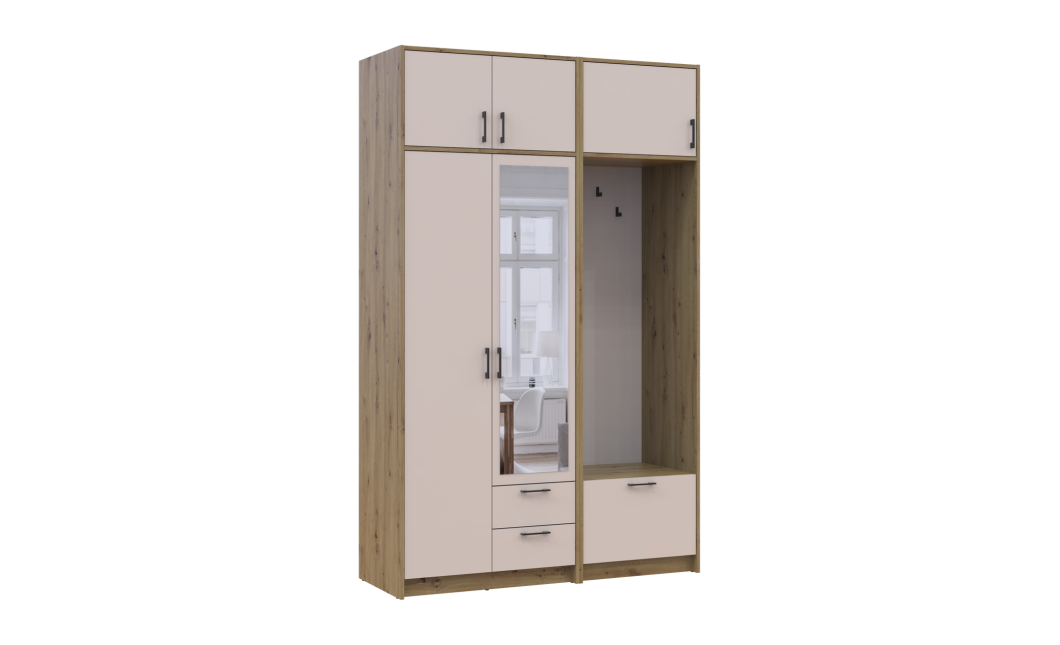 Kleiderschrank Doros Rondi mit Kleiderstange, Spiegel und Oberschrank Artisan Eiche/Kaschmir 2 Türen 142x52x236 (42005274)
