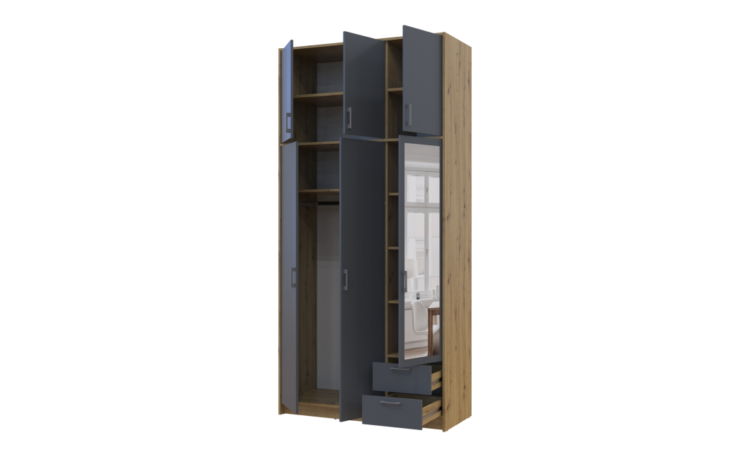 Kleiderschrank Doros Rondi mit Drehtüren mit Oberschrank und Spiegel Artisan Eiche / Graphitgrau 3 Türen 121x52x260 (42005190)