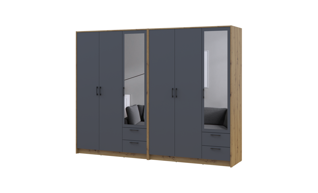 Kleiderschrank mit Spiegel Doros Rondi Artisan Eiche/Graphit 3+3 Türen 242x52x195 (42005695)