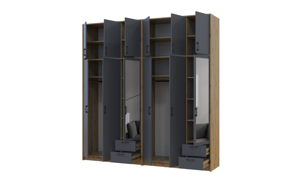 Kleiderschrank mit Spiegel und hohem Aufsatz Doros Rondi Artisan Eiche/Graphit 3+3 Türen 242x52x260 (42005719)