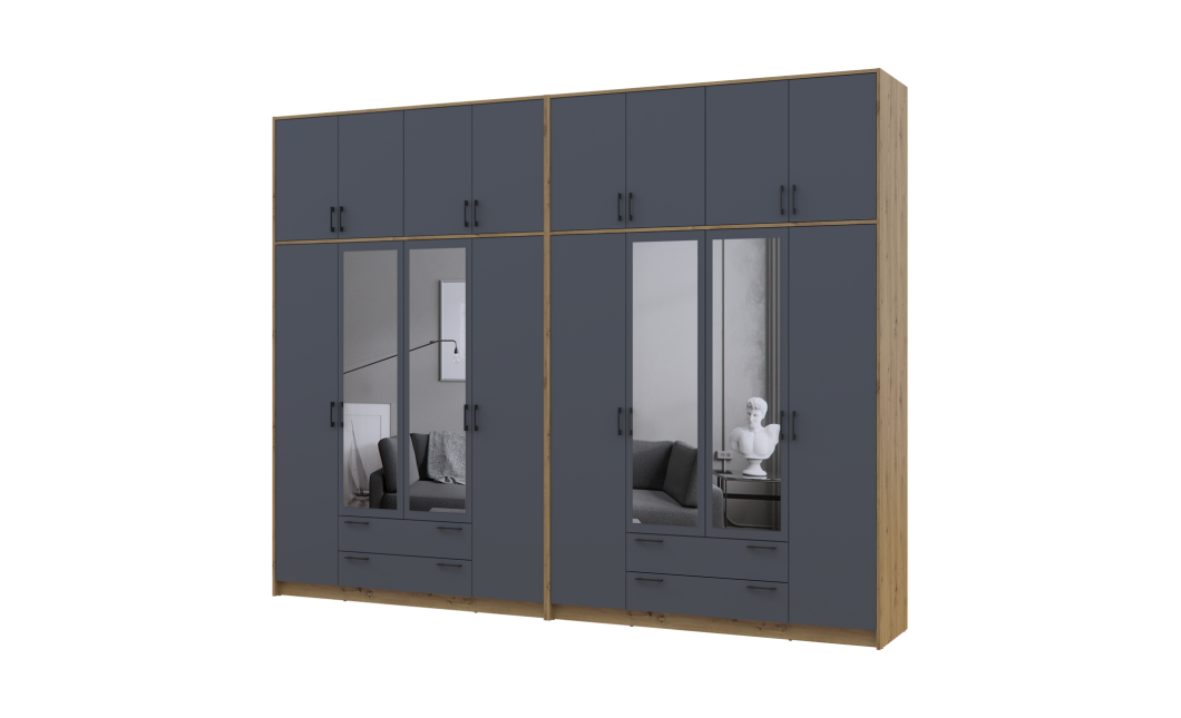 Kleiderschrank mit Spiegel und hohem Aufsatz Doros Rondi Artisan Eiche/Graphit 4+4 Türen 320x52x260 (42005723)