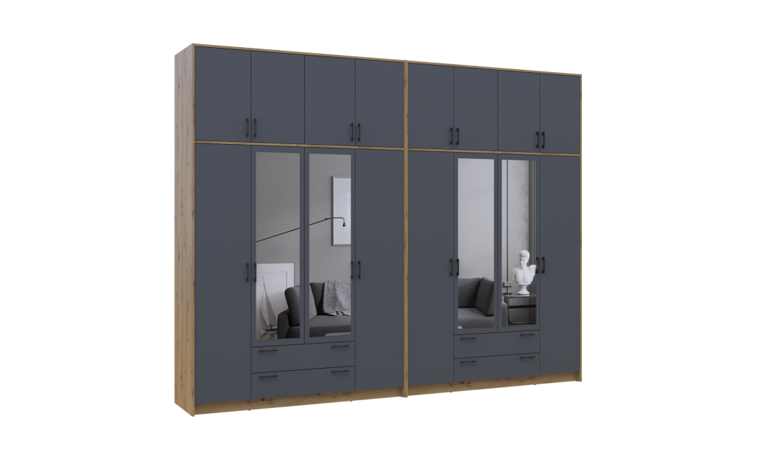 Kleiderschrank mit Spiegel und hohem Aufsatz Doros Rondi Artisan Eiche/Graphit 4+4 Türen 320x52x260 (42005723)