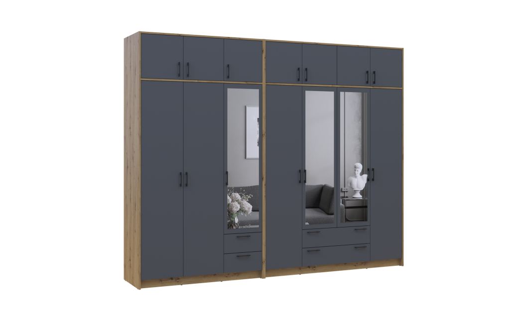 Kleiderschrank mit Spiegel und Aufsatz Doros Rondi Artisan Eiche/Graphit 3+4 Türen 281x52x236 (42005709)