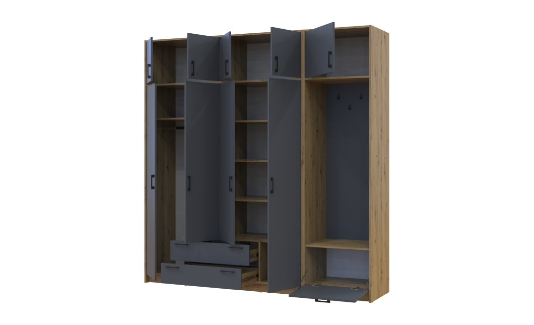 Drehtürenschrank Doros Rondi mit Kleiderstange und Oberschrank Artisan Eiche/Graphitgrau 4 Türen 220x52x236 (42005297)