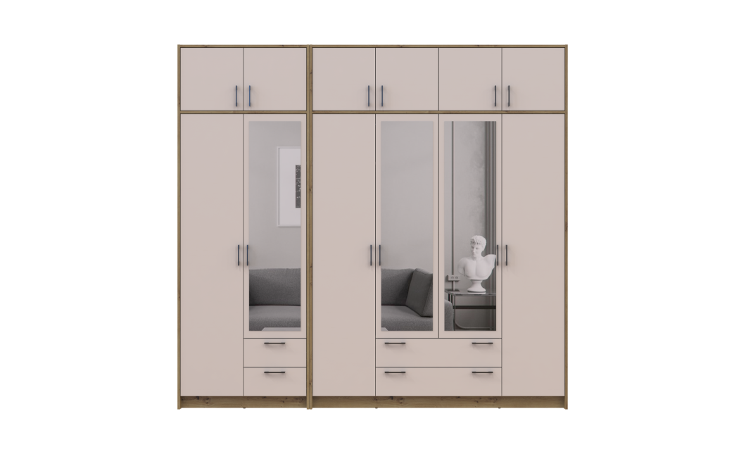 Kleiderschrank mit Spiegel und Aufsatz Doros Rondi Artisan Eiche/Kaschmir 2+4 Türen 242x52x236 (42005669)