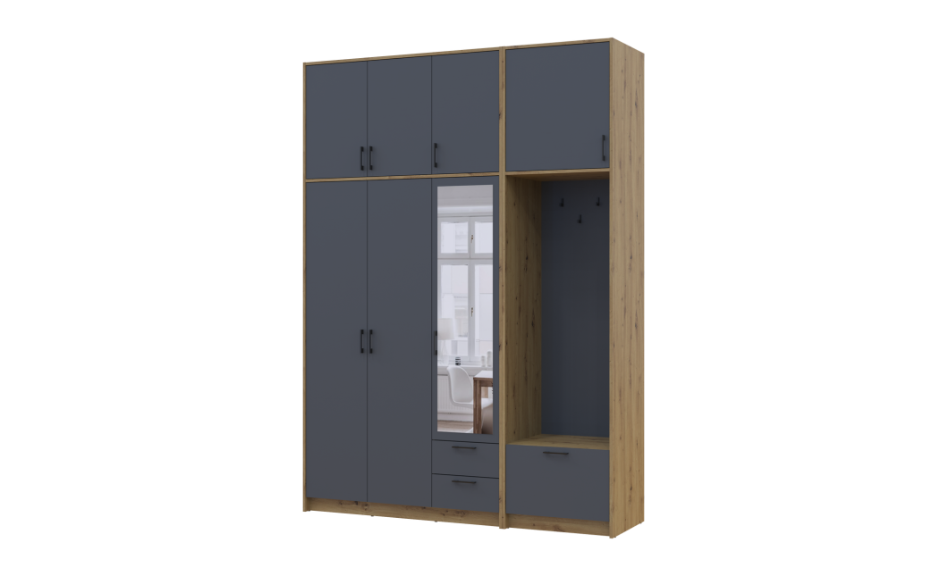 Kleiderschrank Doros Rondi mit Kleiderstange, Spiegel und hohem Oberschrank Artisan Eiche/Graphitgrau 3 Türen 181x52x260 (42005291)
